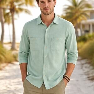 Faherty Men's SZ L Organic Cotton Sunwashed Knit Shirt Light Teal Green